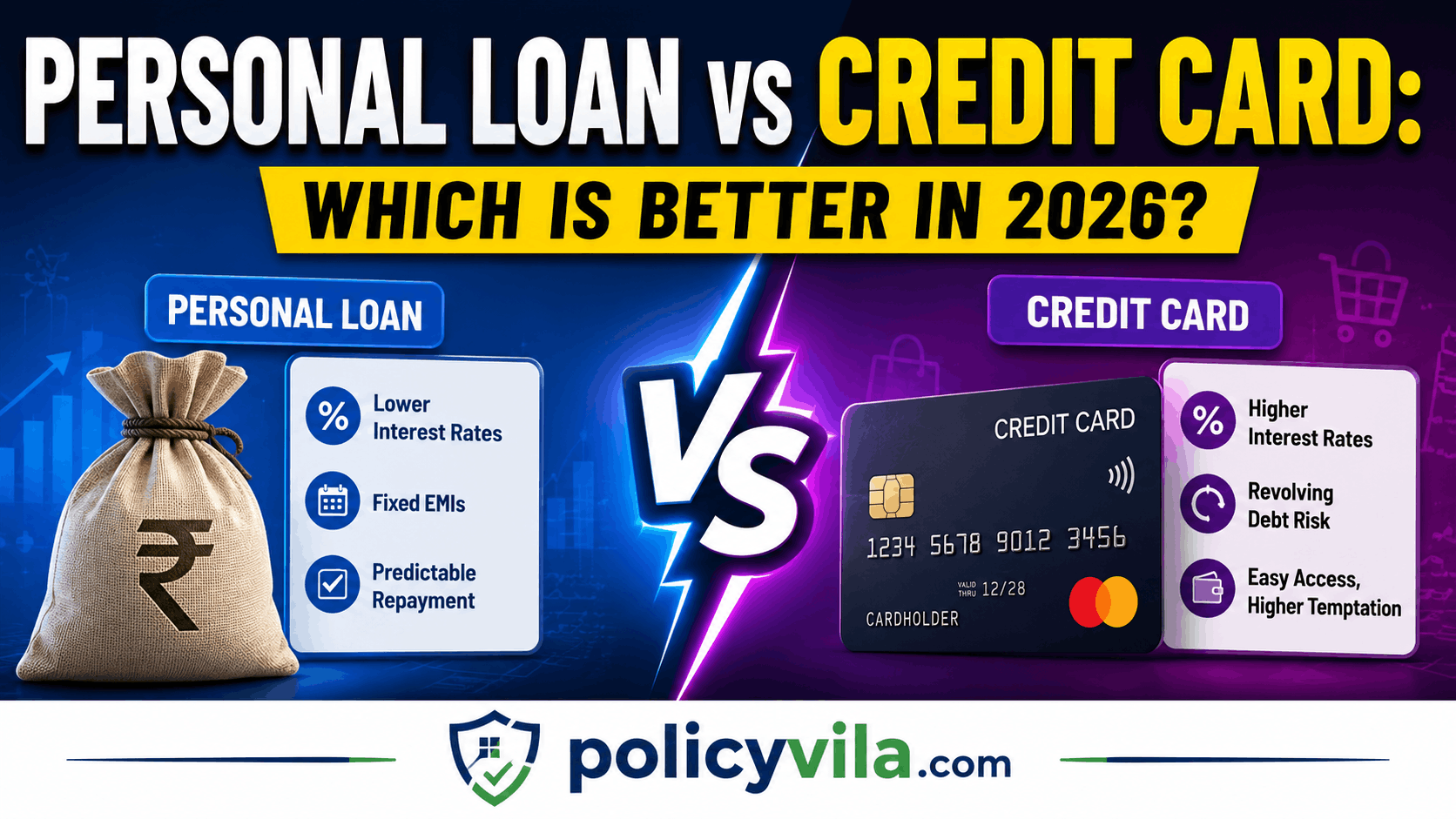 Personal loan vs credit card infographic explaining which is better for borrowing money in 2026