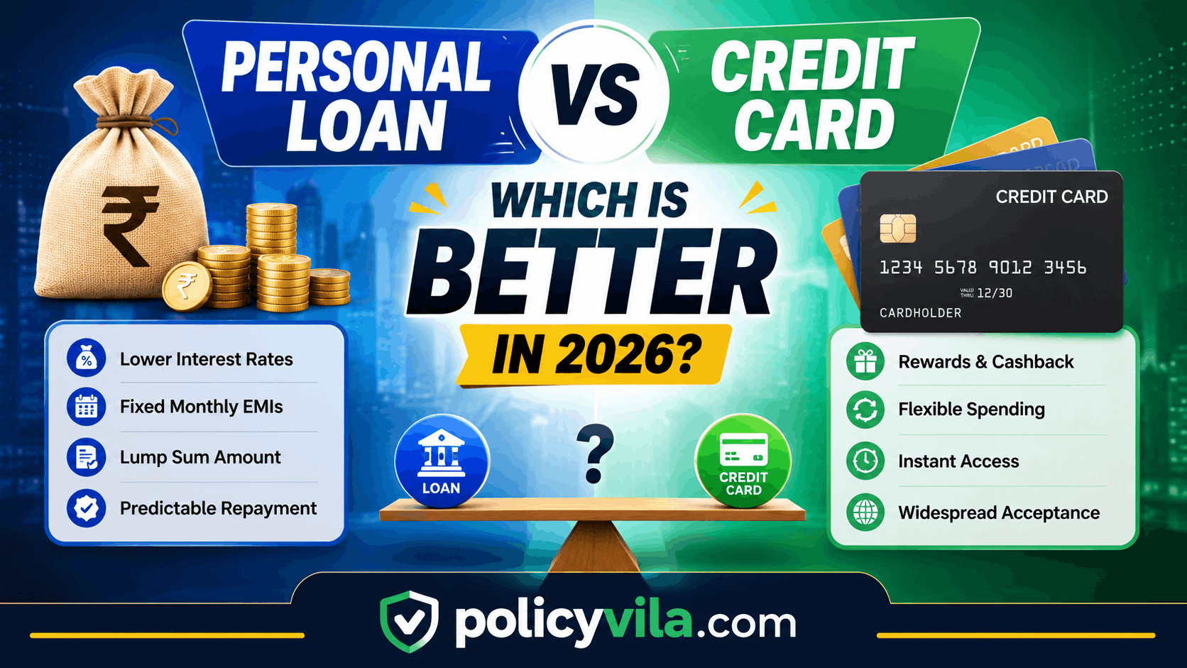 Illustration of personal loan versus credit card highlighting benefits, interest rates, and usage differences