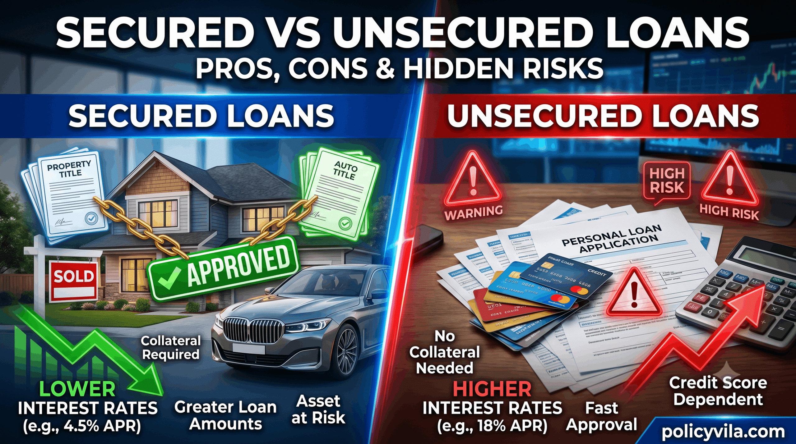 Secured vs unsecured loans comparison showing differences in collateral, interest rates, and borrowing risks in 2026.
