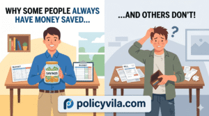 Person reviewing monthly budget and growing savings account