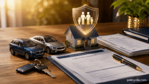 Non-owner car insurance with driver's license, rental car key, wallet, and liability protection.
