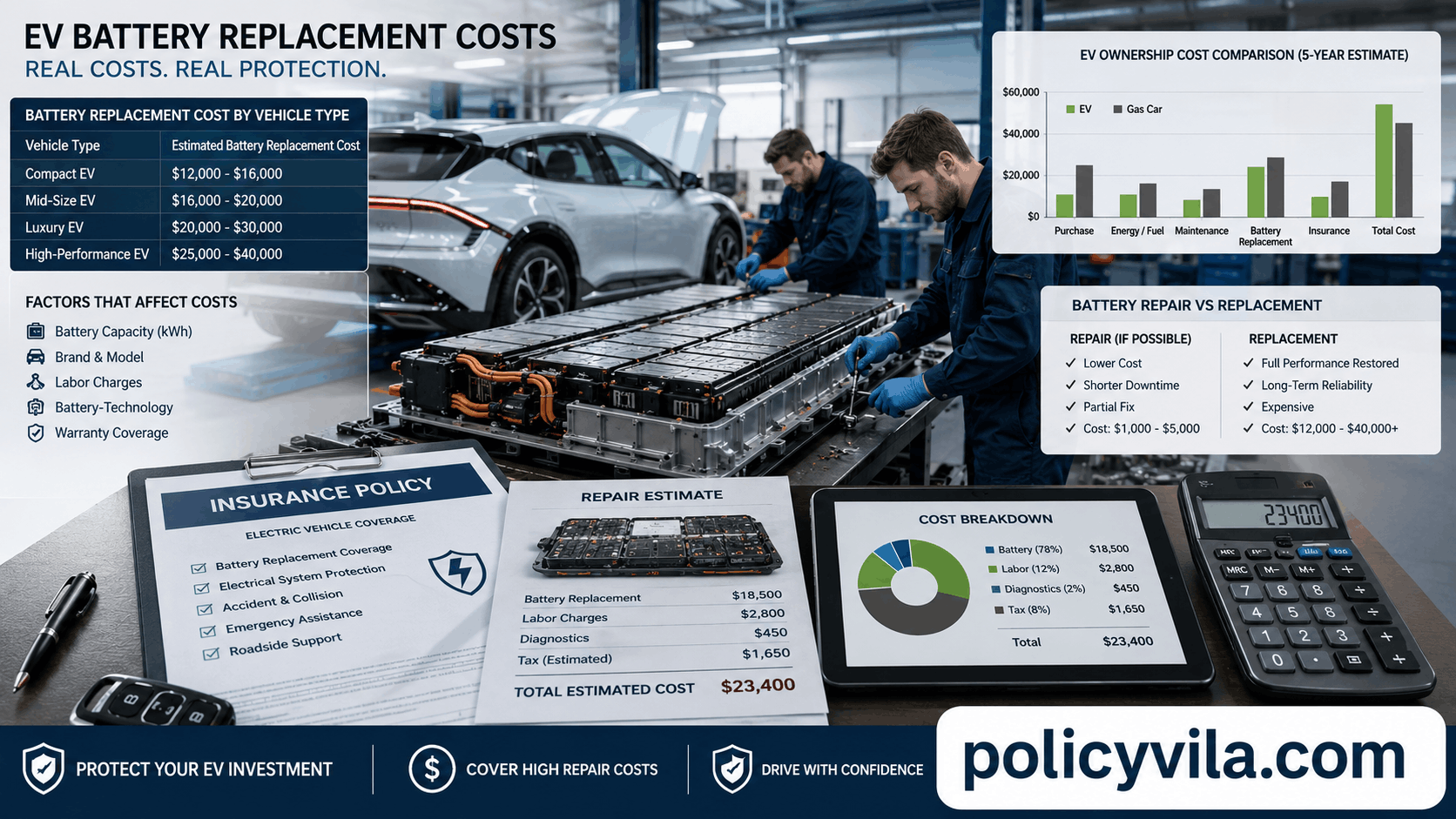 Infographic comparing liability, collision, comprehensive, roadside assistance, and battery protection for electric vehicles.