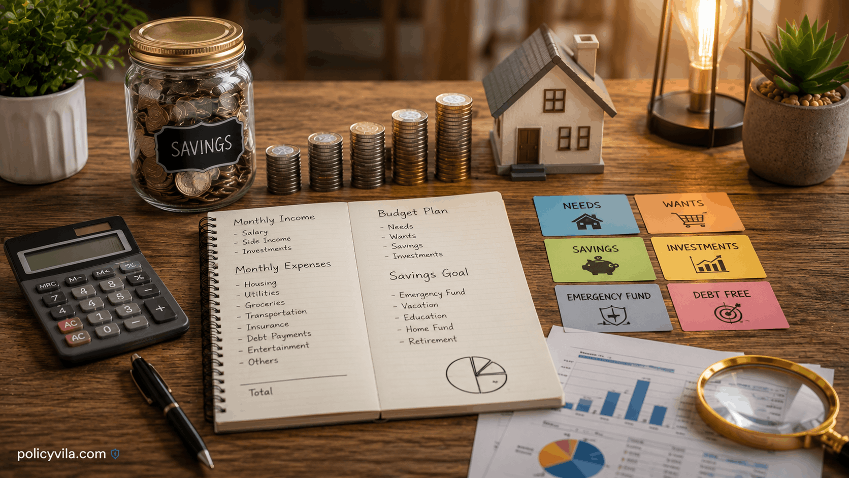 Budget planner, savings jar, calculator, and financial roadmap for effective money management