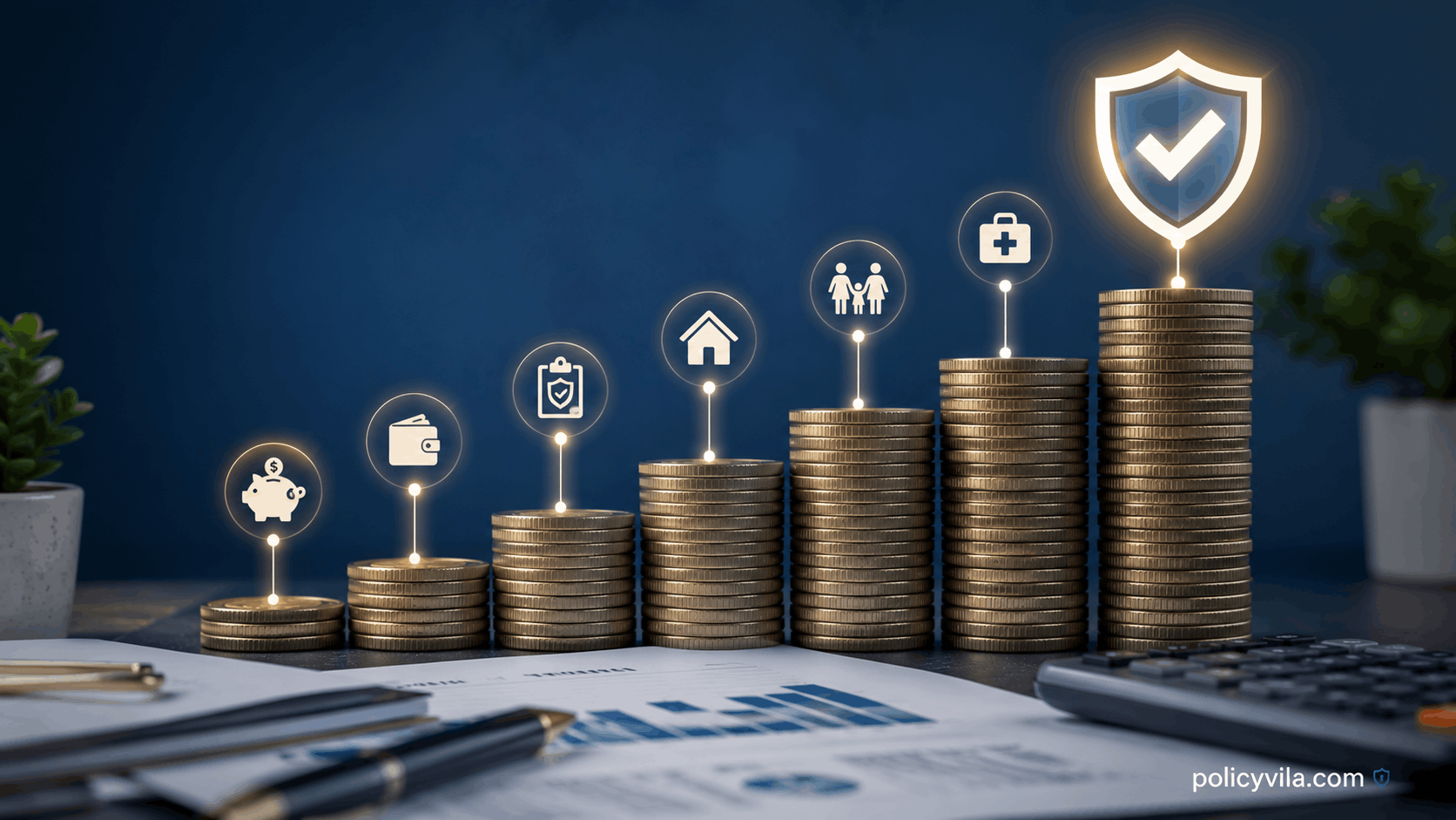 Growing coin staircase leading to financial security with emergency fund milestones