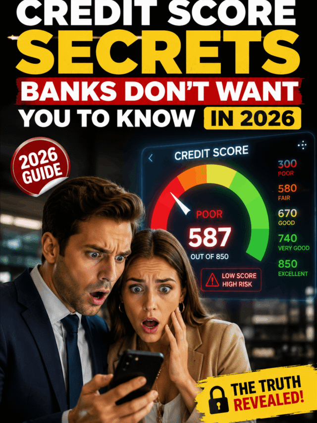 Credit score secrets in 2026 showing shocked consumers reviewing a low credit score and learning hidden banking tips
