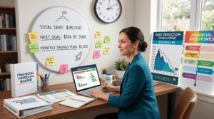 Individual creating a debt payoff plan using a debt consolidation loan.