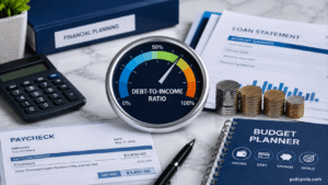 Debt-to-income ratio calculator with percentage gauge, paycheck, and loan statements.
