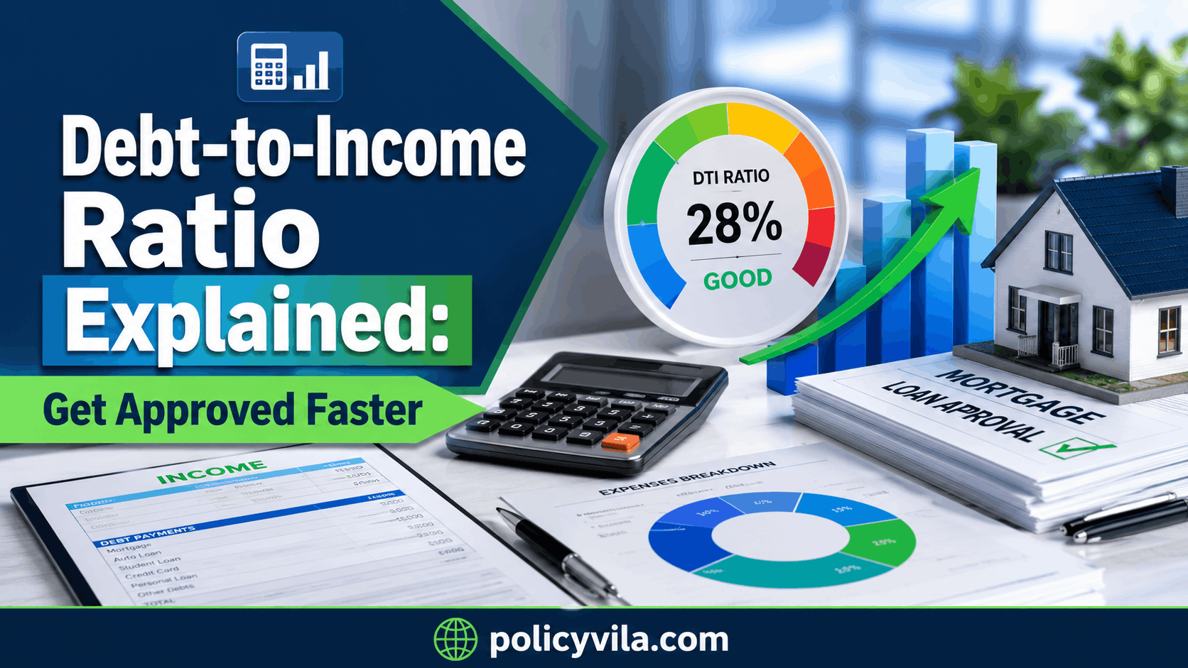 Debt-to-income ratio explained with loan approval concept, stacked coins, financial reports, calculator, and home icon.