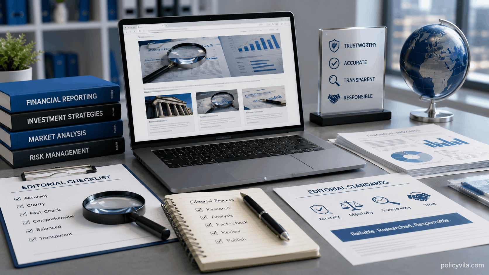 Financial editorial team workspace with fact-checking documents and content quality review process for PolicyVila.