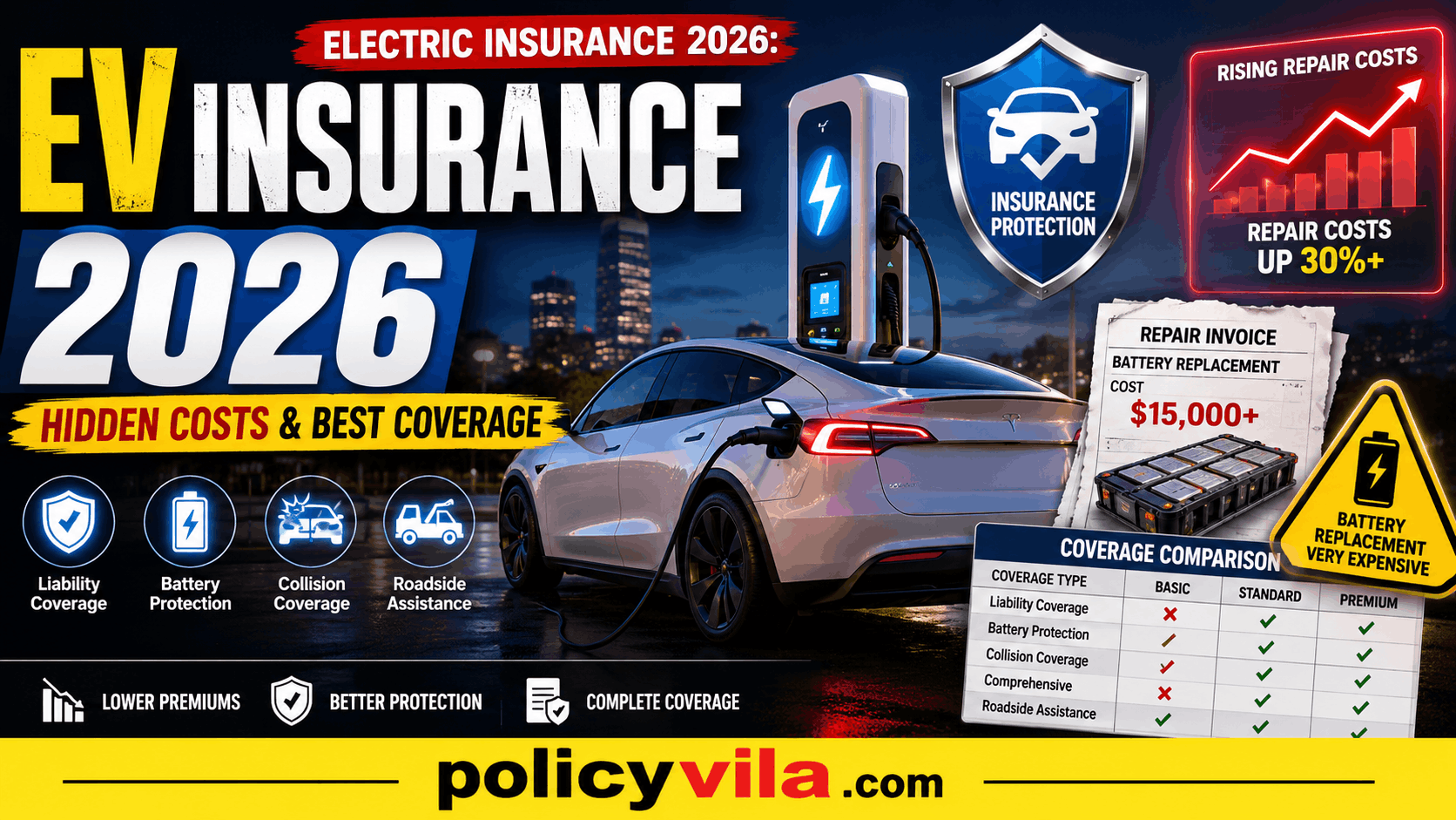 Modern electric vehicle charging at a station with insurance documents and rising repair cost charts.