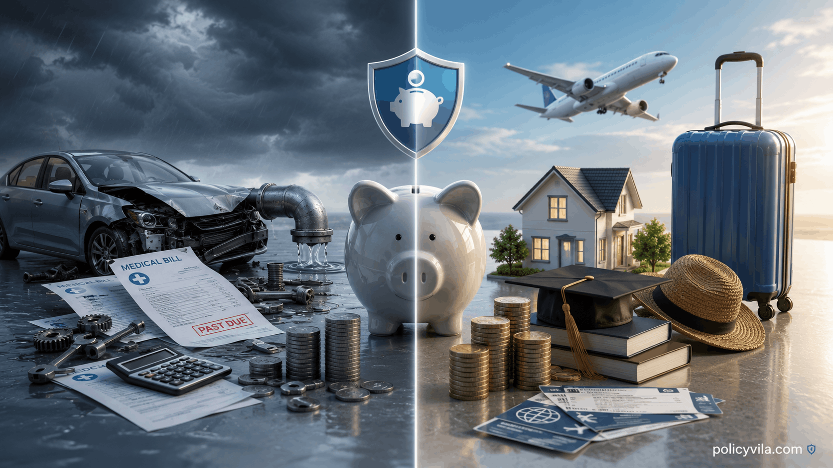 Comparison of emergency expenses and planned savings goals with financial illustrations