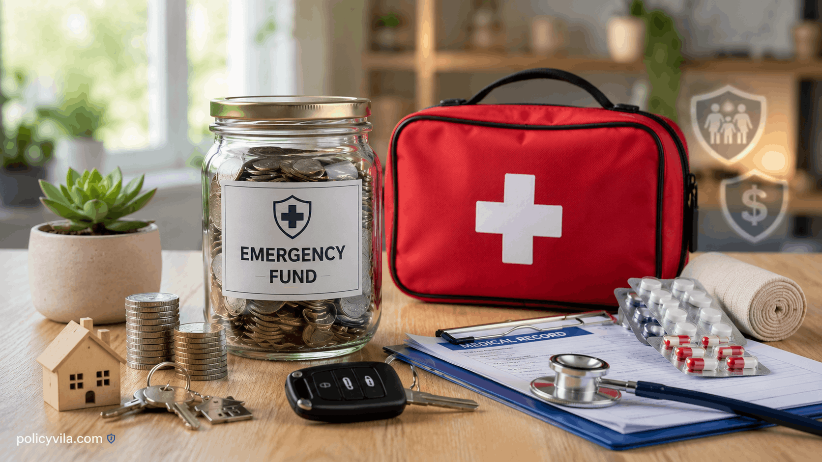 Emergency fund jar with coins, first-aid kit, and essential financial items representing financial preparedness