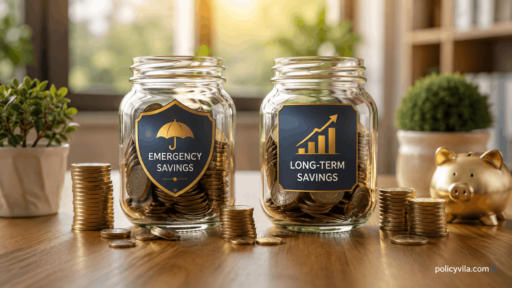 Emergency Fund vs Savings Account comparison with savings jars and stacked coins for smart financial planning in 2026