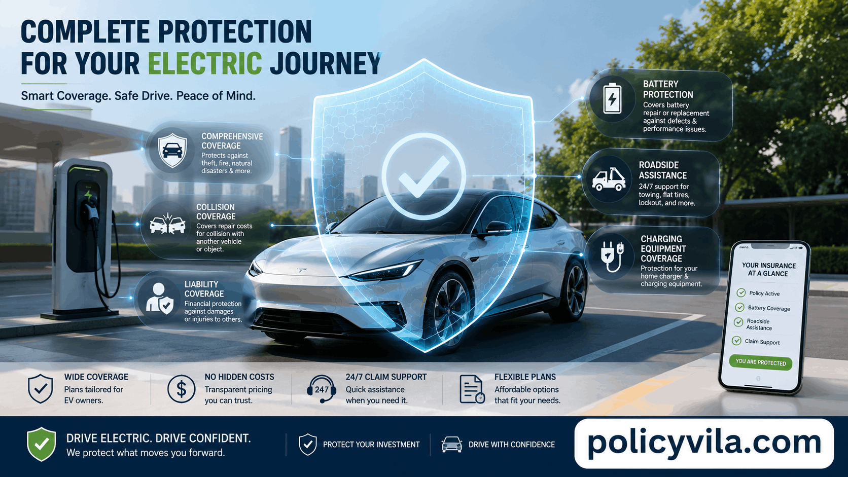 Electric vehicle protected by a digital insurance shield with battery coverage and roadside assistance icons.