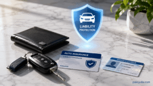 Family car insurance planning with house model, cars, insurance documents, and protection shield.