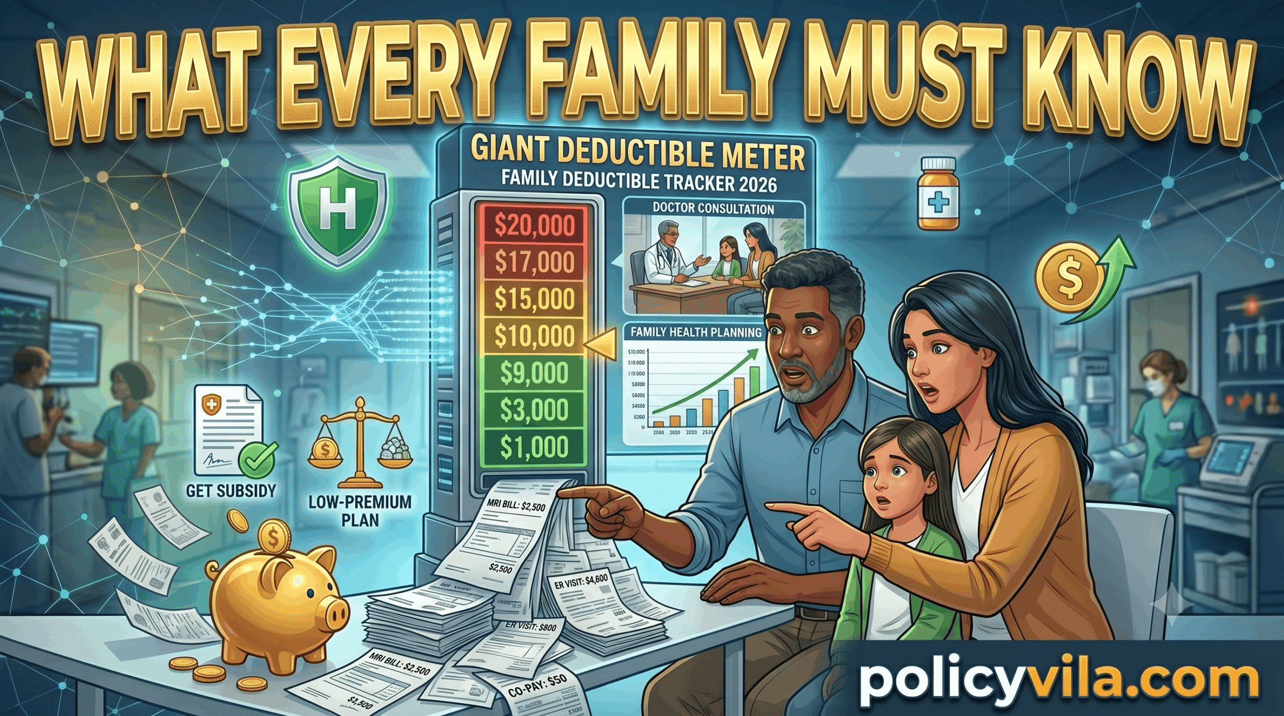 Family comparing health insurance plans and deductible options.