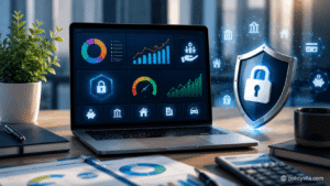 Privacy policy and data protection concept showing secure financial website dashboard and encrypted user information