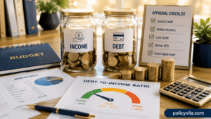 Income and debt comparison using savings jars, budget planner, and stacked coins.