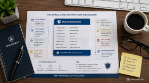 Insurance card showing policy number member ID group number and coverage details