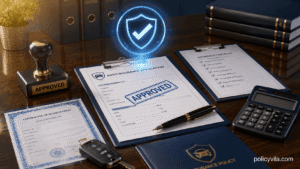 Vehicle title and car insurance policy documents showing ownership versus insurance coverage.