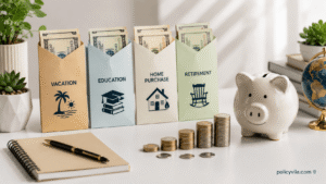Savings envelopes, piggy bank, and coins representing long-term financial goals and planned savings