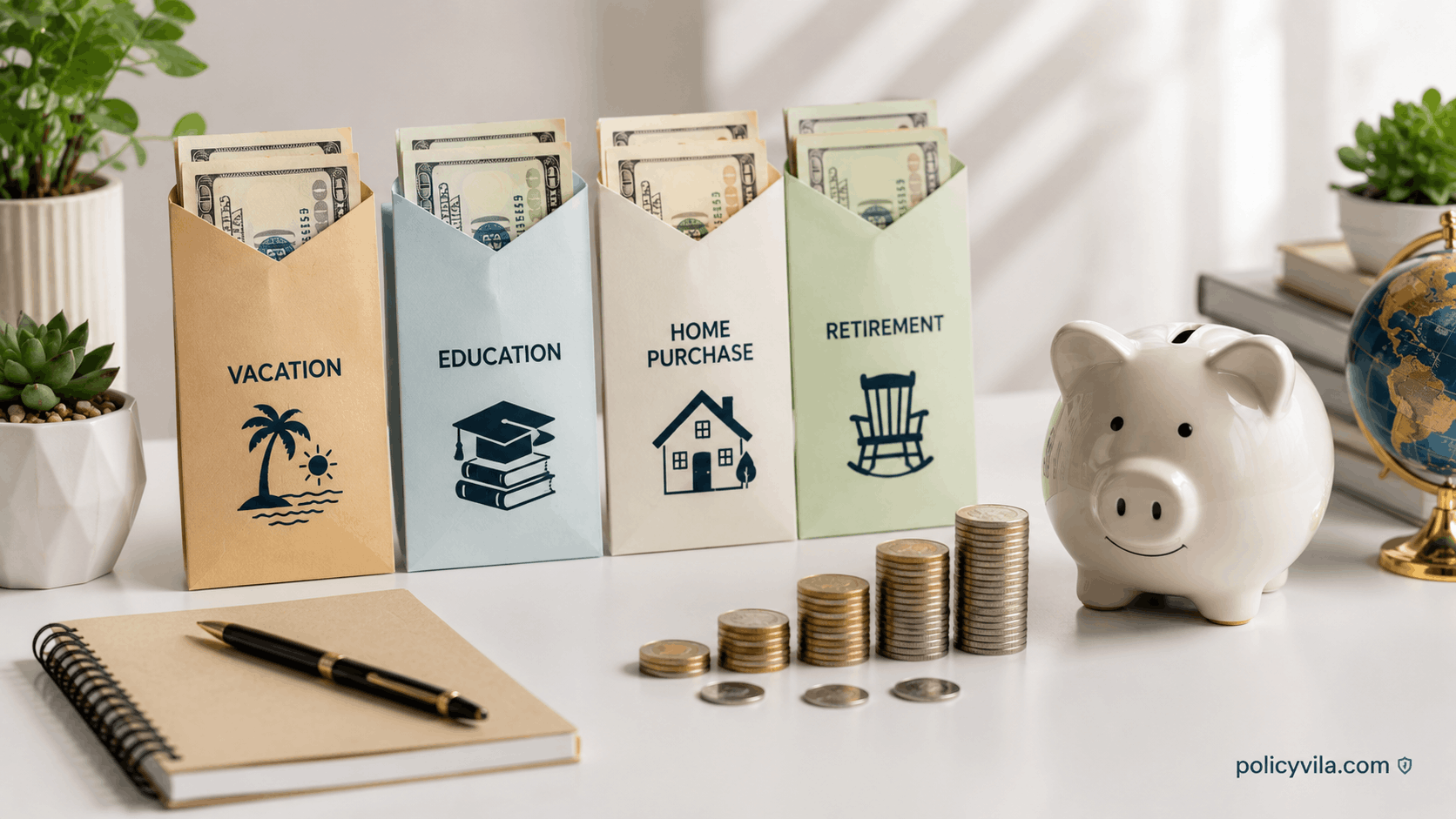 Savings envelopes, piggy bank, and coins representing long-term financial goals and planned savings