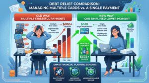 Comparison of multiple debt payments versus one lower monthly payment.