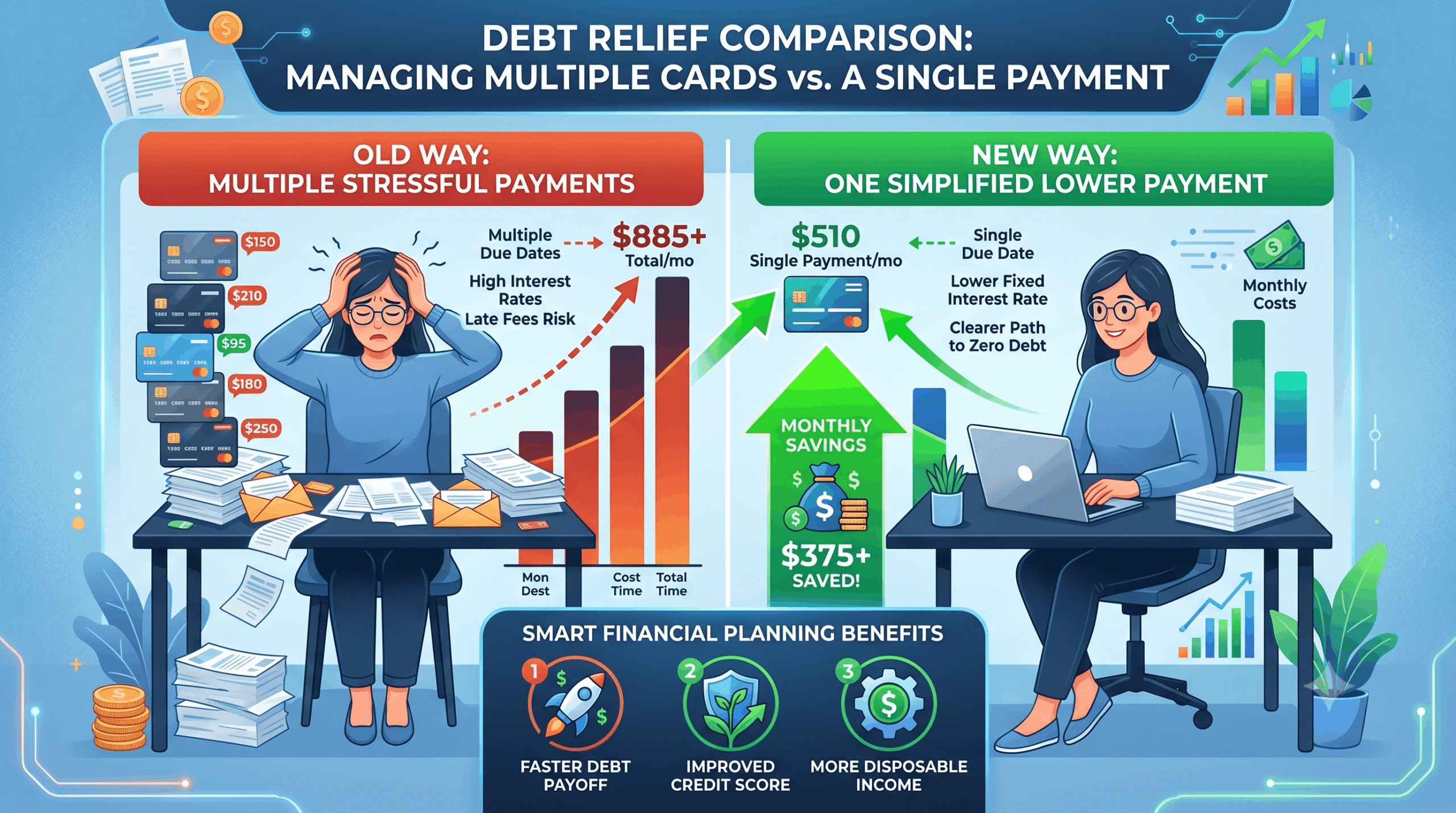 Comparison of multiple debt payments versus one lower monthly payment.