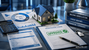 Mortgage approval concept with house model, financial documents, calculator, and income verification papers.