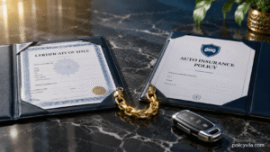 Approved auto insurance application with registration certificate and insurance checklist.