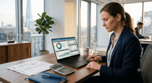 Financial advisor discussing financial planning strategies with clients in a professional office.