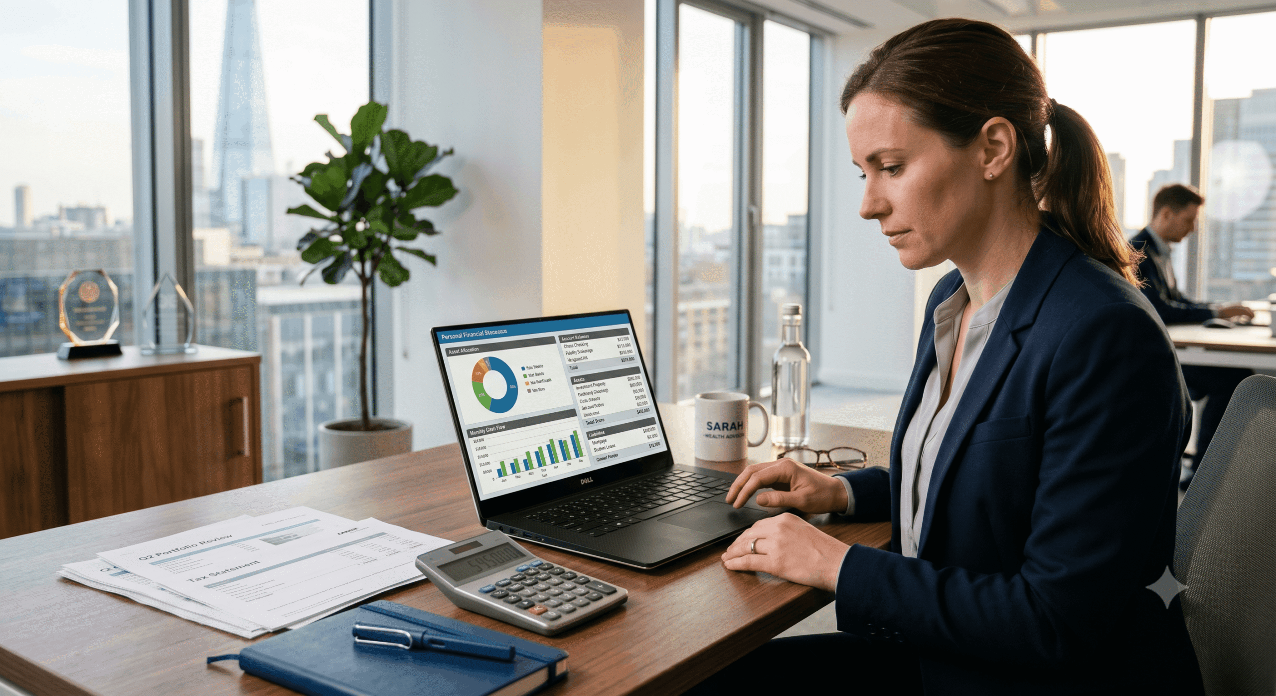Financial advisor discussing financial planning strategies with clients in a professional office.