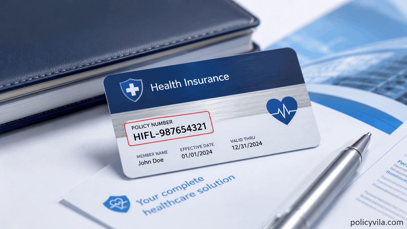 Policy number highlighted on a health insurance card with insurance paperwork on a professional office desk