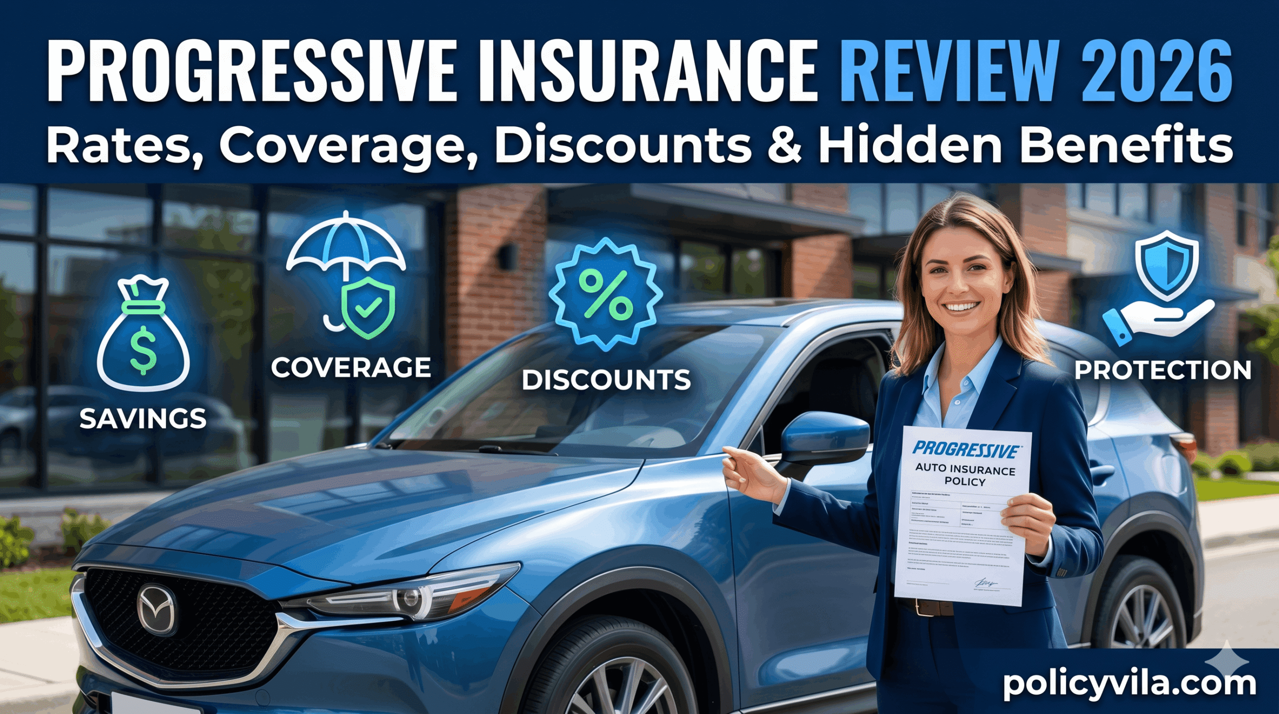 Progressive Insurance Review 2026 showing car insurance coverage and discount benefits.