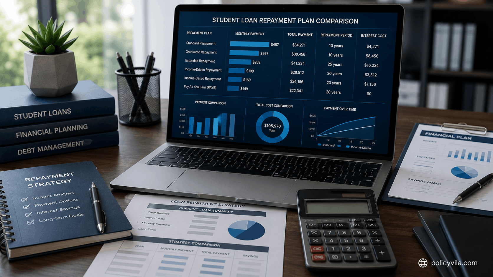 Comparison of federal student loan repayment plans on a financial dashboard