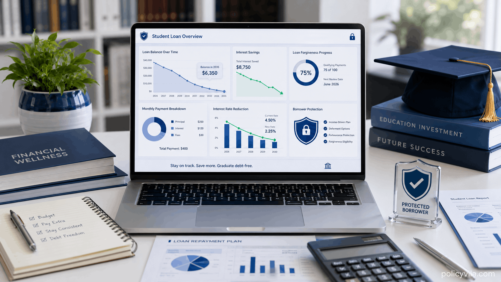 Student loan interest reduction and forgiveness planning dashboard
