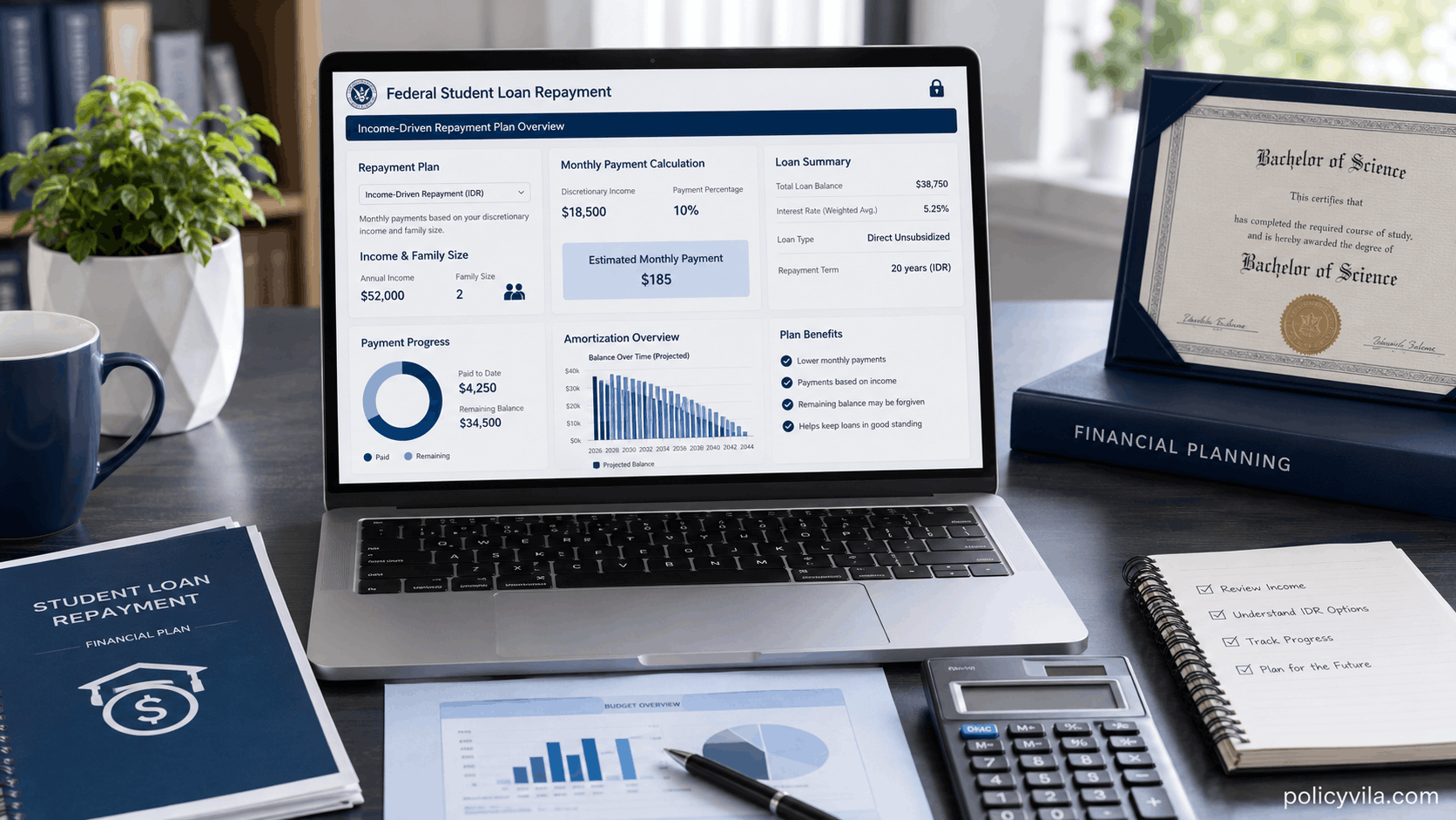 Laptop displaying an income-driven student loan repayment plan dashboard