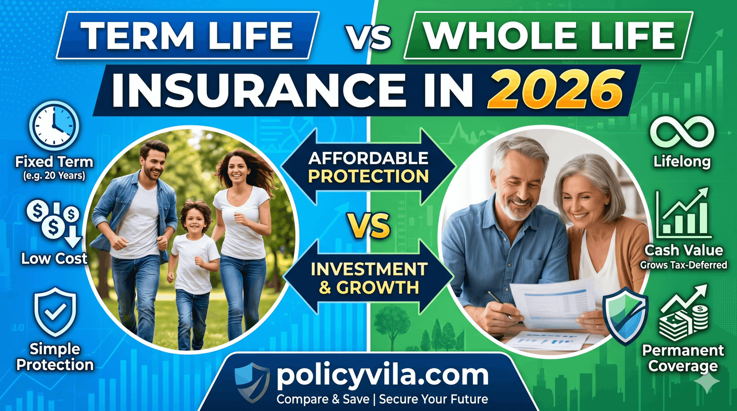 Comparison between term life insurance and whole life insurance policies in 2026