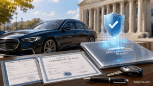Legal auto insurance protection with ownership documents and financial security concept.