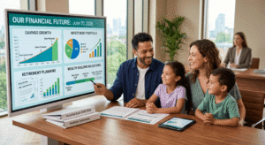 Family reviewing financial goals and budgeting plans for future security.