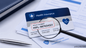 Health insurance card showing the location of the policy number with a magnifying glass