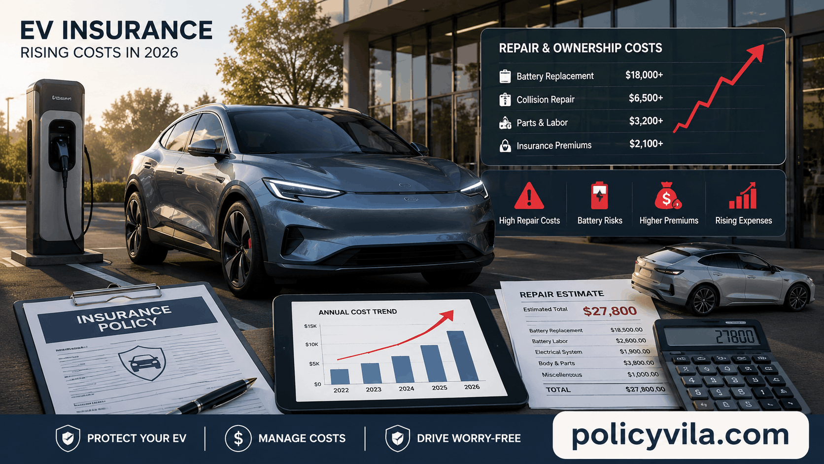 Electric vehicle battery pack being inspected by technicians with insurance paperwork and cost analysis graphics.