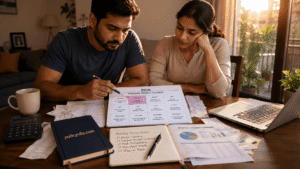 Hand marking a monthly money review on a 2026 financial calendar