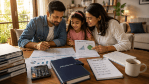 Family reviewing an organized financial control plan with savings and debt documents