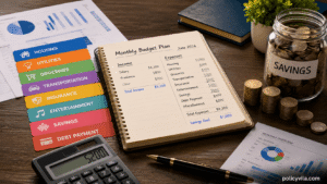 Monthly budgeting planner with expense tracker, calculator, savings jar, and financial documents showing an organized personal budget planning process.