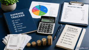 Expense tracking workspace with receipts, monthly bills, calculator, financial checklist, and stacked coins representing smart money management.