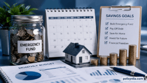 Emergency savings jar, financial goals checklist, house model, and growing coin stacks illustrating emergency fund planning and personal budgeting.