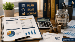 Growing coin staircase leading to financial success with savings goals, budget planner, and wealth-building concept for long-term money management.