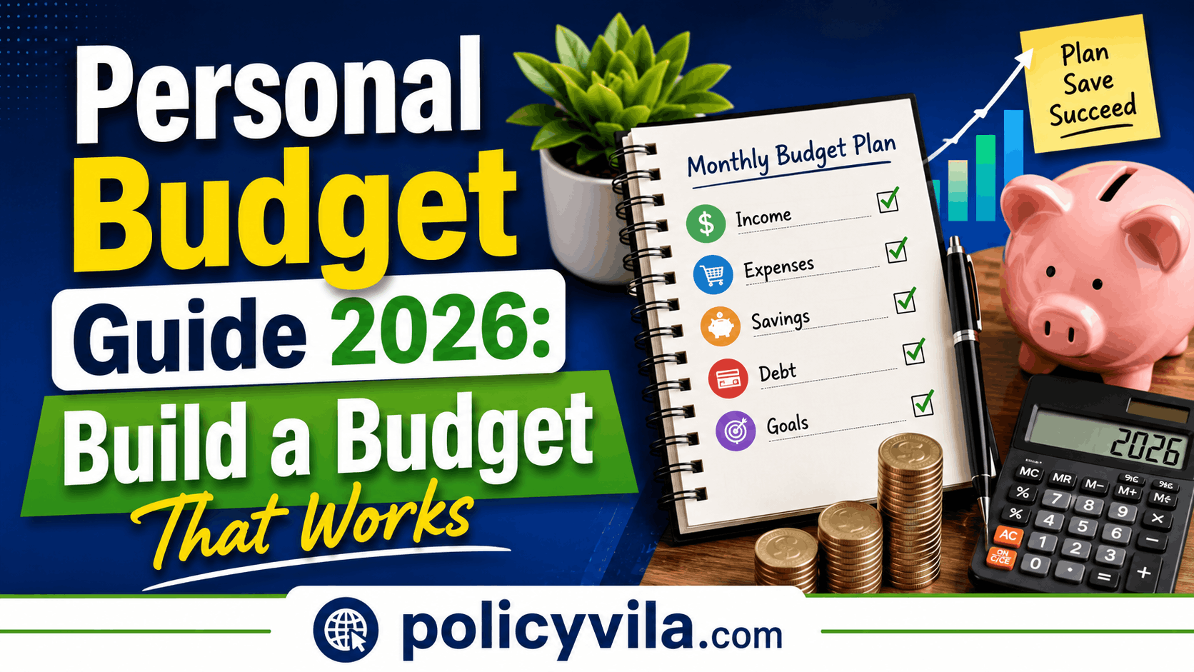 Personal budget planner with calculator, savings jar, financial reports, and growing coin stacks on a modern desk illustrating how to build a personal budget in 2026.