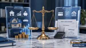 Assets and liabilities comparison with investment documents, mortgage papers, and financial balance concept for calculating net worth.